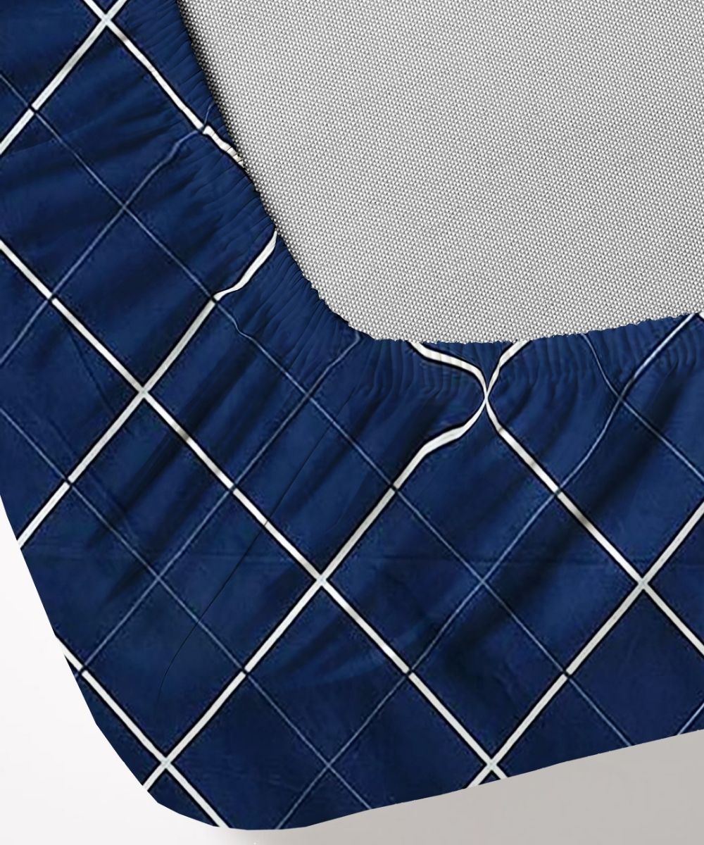 Navyblue Rhombus Fitted Bedsheet With Pillow Cover