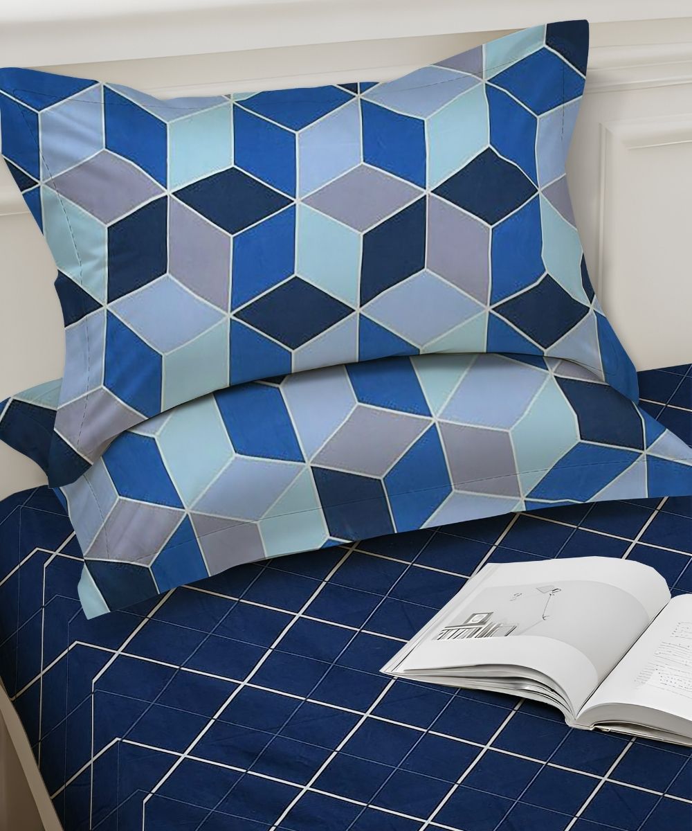 Navyblue Rhombus Fitted Bedsheet With Pillow Cover