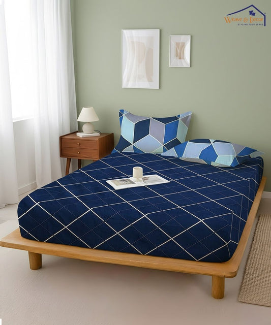 Navyblue Rhombus Fitted Bedsheet With Pillow Cover