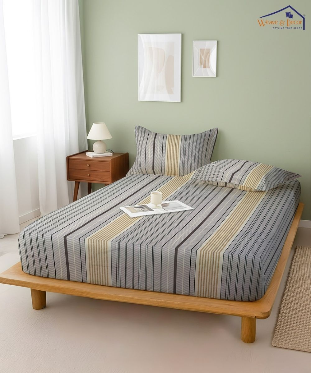 Urban Stripe Elegance Fitted Bedsheet With Pillow Cover