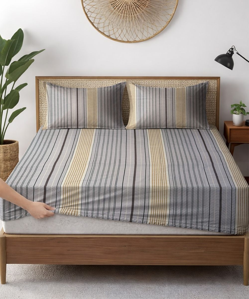 Urban Stripe Elegance Fitted Bedsheet With Pillow Cover