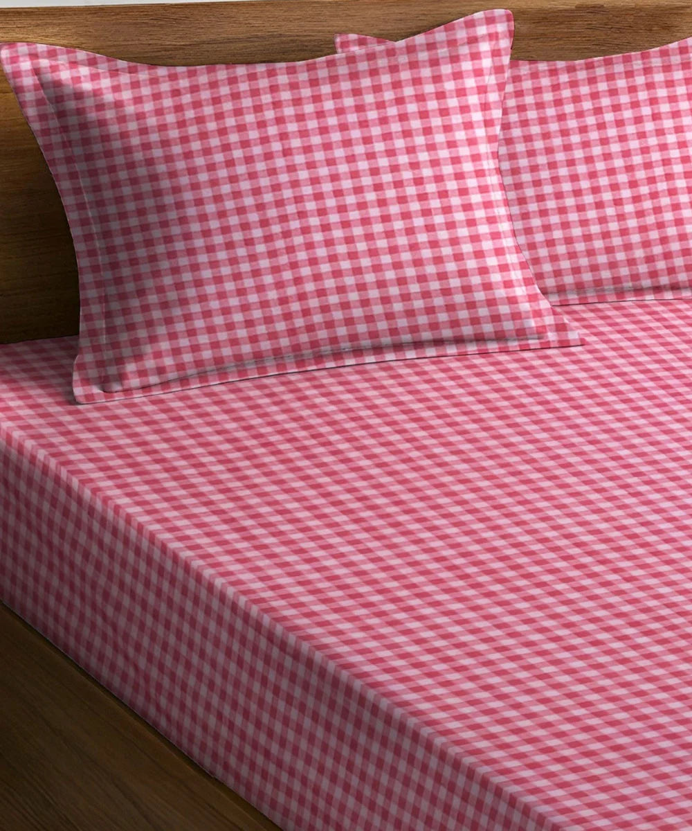 Pink Gingham King Size Bedsheet With 2 Pillow Cover
