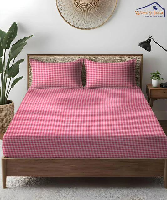 Pink Gingham King Size Bedsheet With 2 Pillow Cover