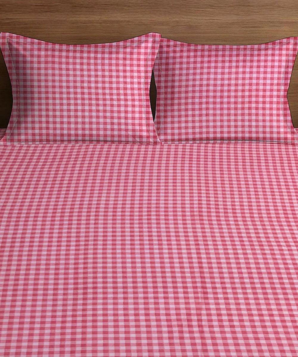 Pink Gingham King Size Bedsheet With 2 Pillow Cover