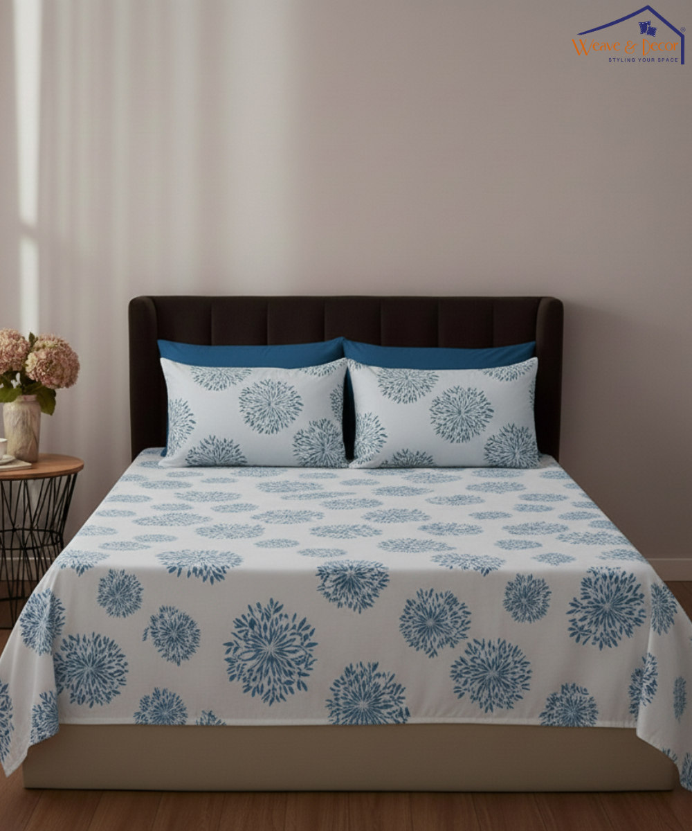 Aqua Burst Floral Flat Bedsheet With Pillow Covers