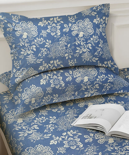 Blue Blossom Bedsheet With Pillow Covers