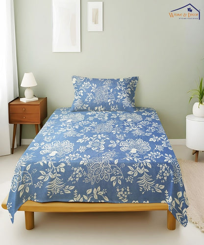Blue Blossom Bedsheet With Pillow Covers