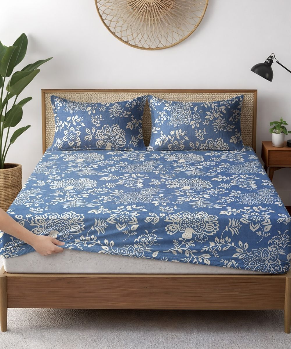 Blue Blossom Bedsheet With Pillow Covers