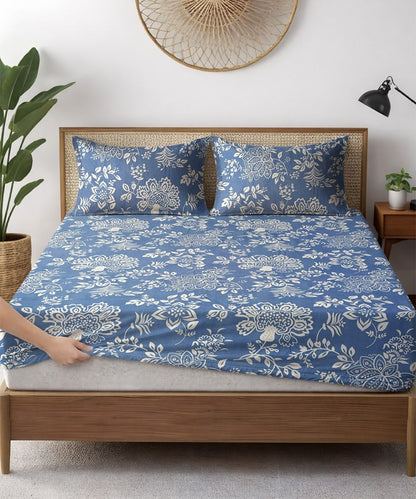 Blue Blossom Bedsheet With Pillow Covers
