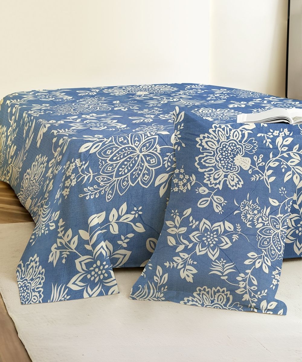 Blue Blossom Bedsheet With Pillow Covers