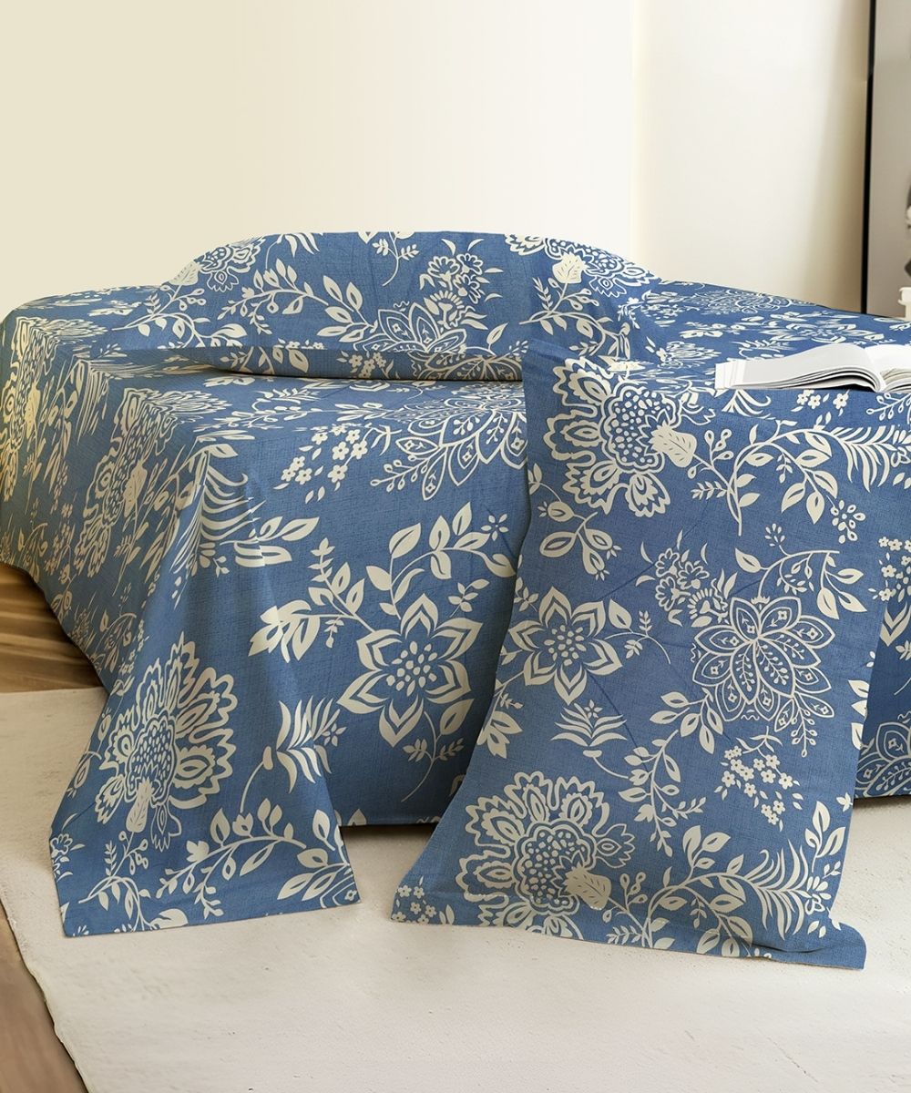 Blue Blossom Bedsheet With Pillow Covers