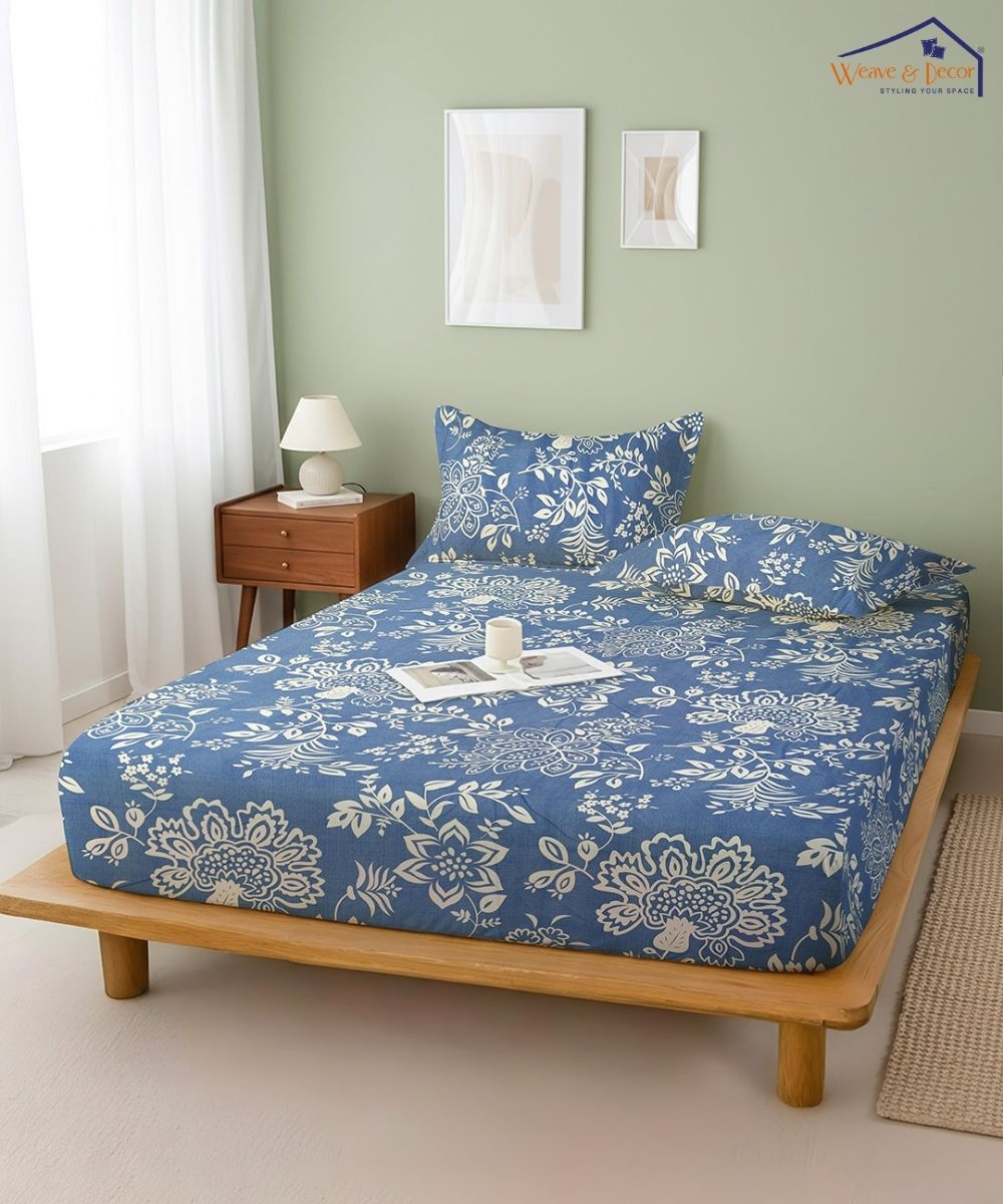 Blue Blossom Bedsheet With Pillow Covers