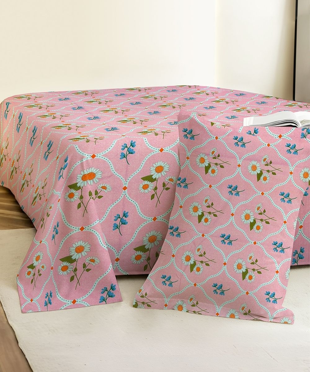 Daisy Blush  Stripe Bedsheet With Pillow Covers