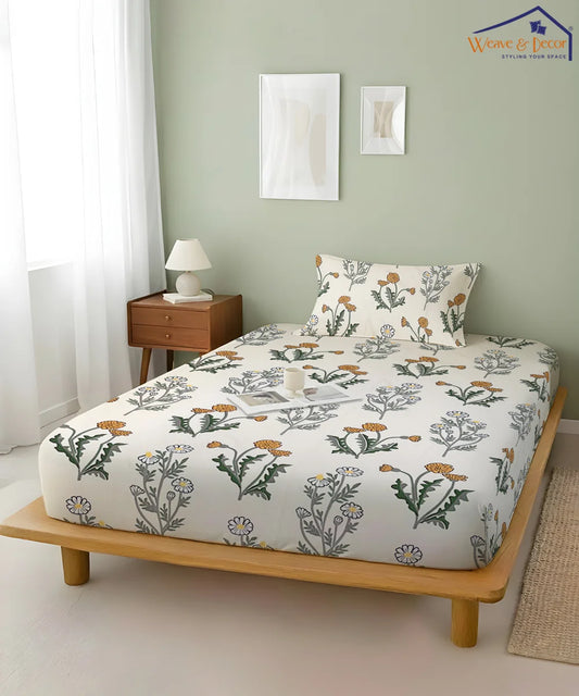 Pretty Floral Fitted Bedsheet With Pillow Cover