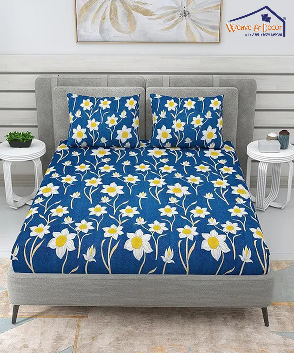 Blue Floral Flat Double Bedsheet With 2 Pillow Cover