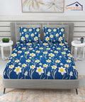 Blue Floral Flat Double Bedsheet With 2 Pillow Cover