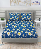 Blue Floral Flat Double Bedsheet With 2 Pillow Cover