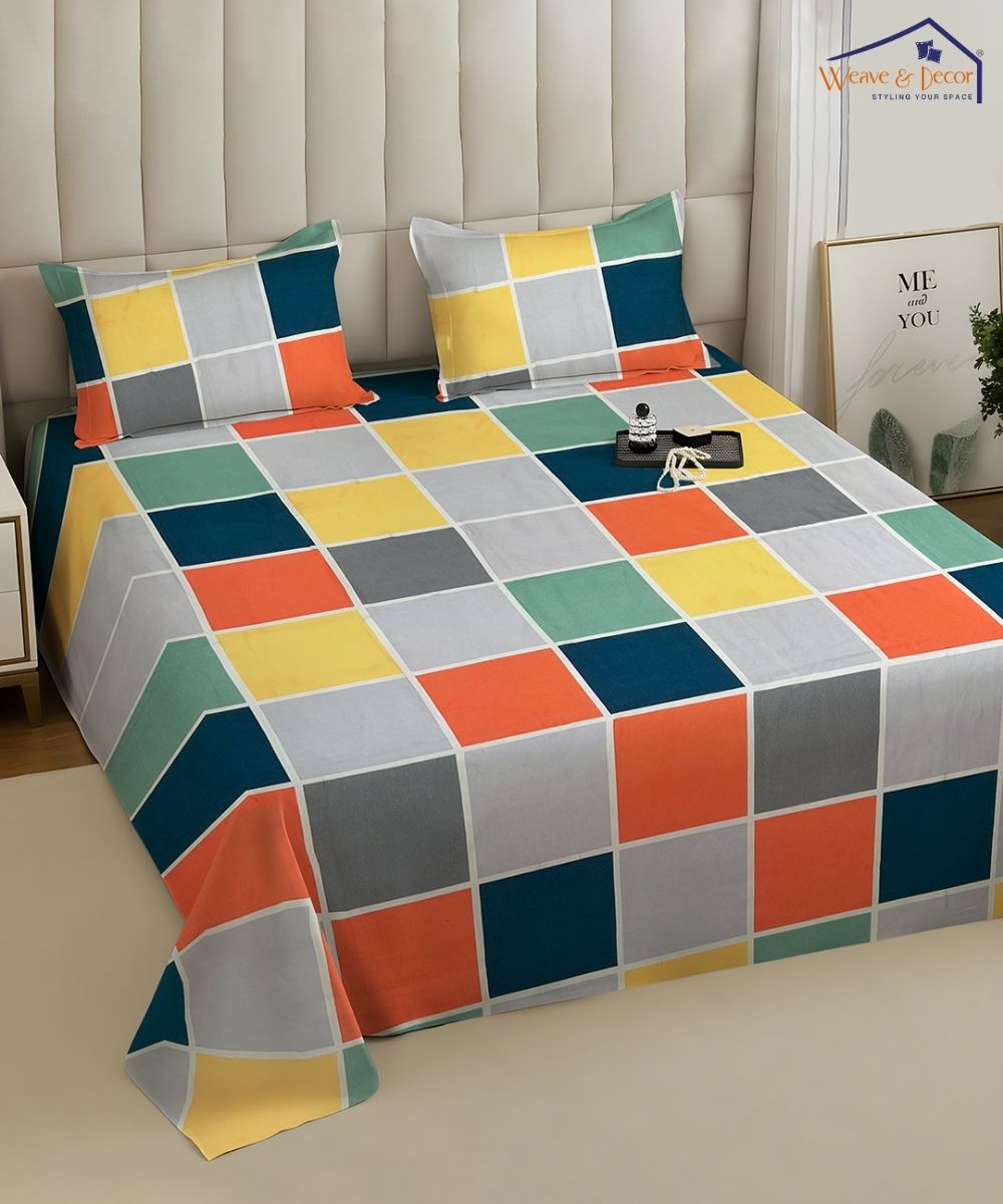 Multicolor Checks Flat Bedsheet With Pillow Cover