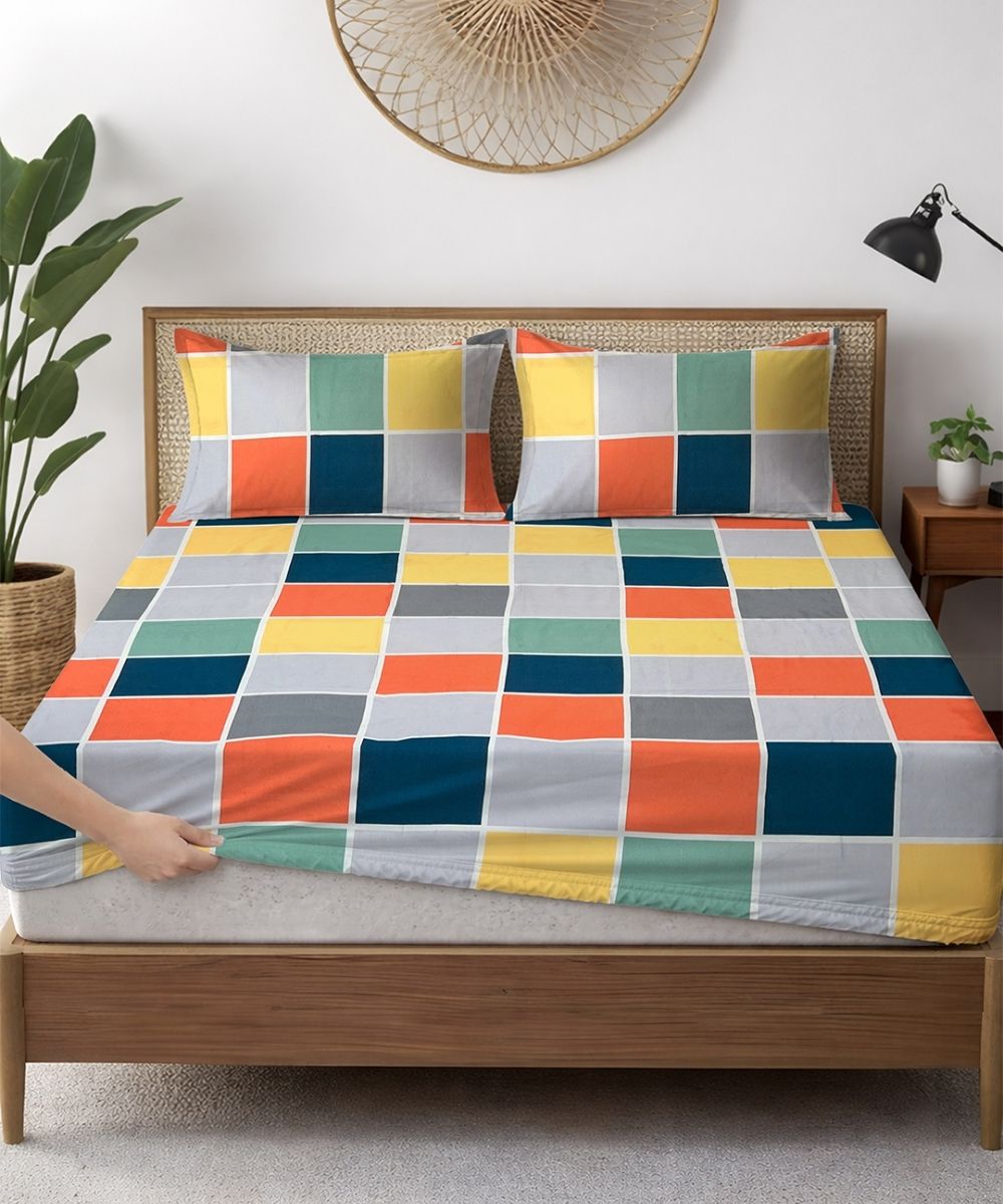 Multicolor Checks Flat Bedsheet With Pillow Cover
