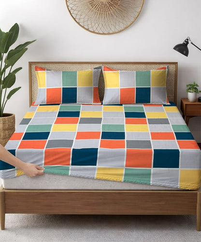Multicolor Checks Flat Bedsheet With Pillow Cover