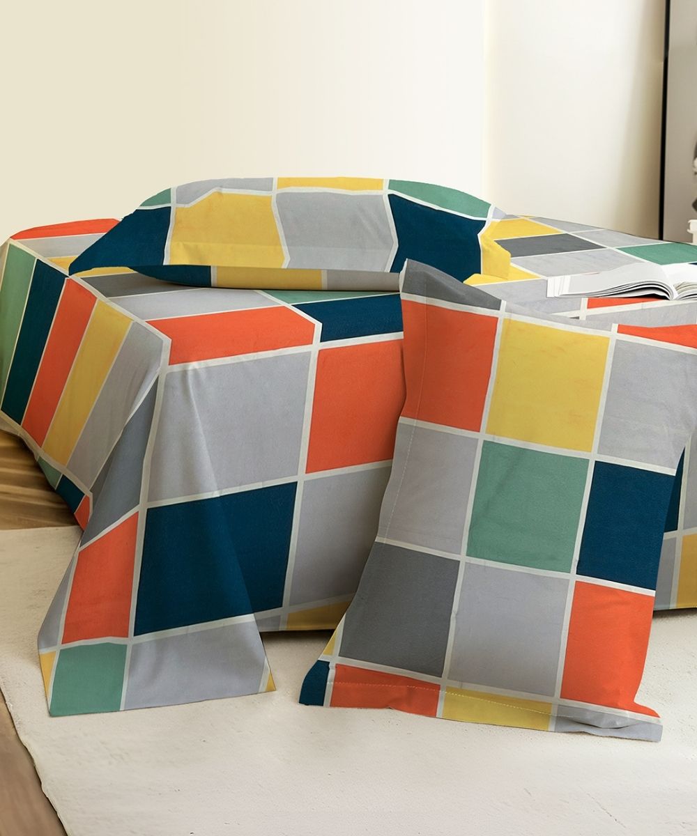 Multicolor Checks Flat Bedsheet With Pillow Cover