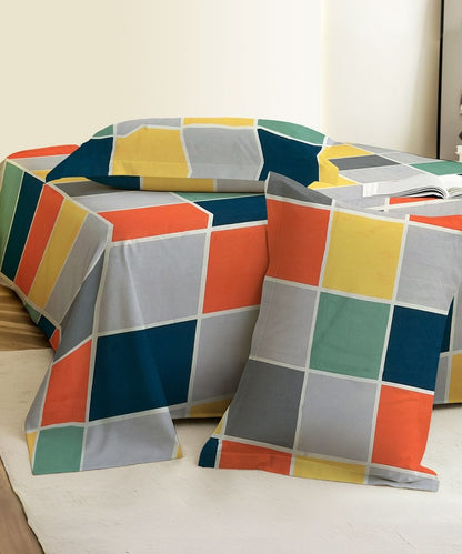 Multicolor Checks Flat Bedsheet With Pillow Cover