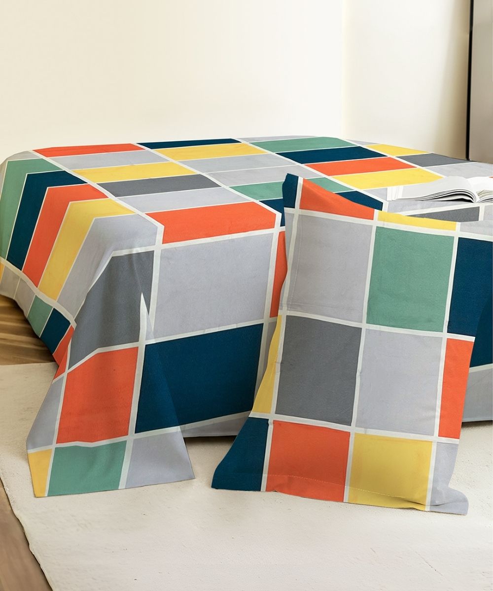 Multicolor Checks Flat Bedsheet With Pillow Cover
