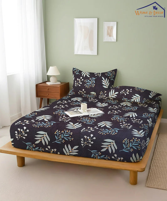 Blue Floral Super King Fitted Bedsheet With 2 Pillow Covers
