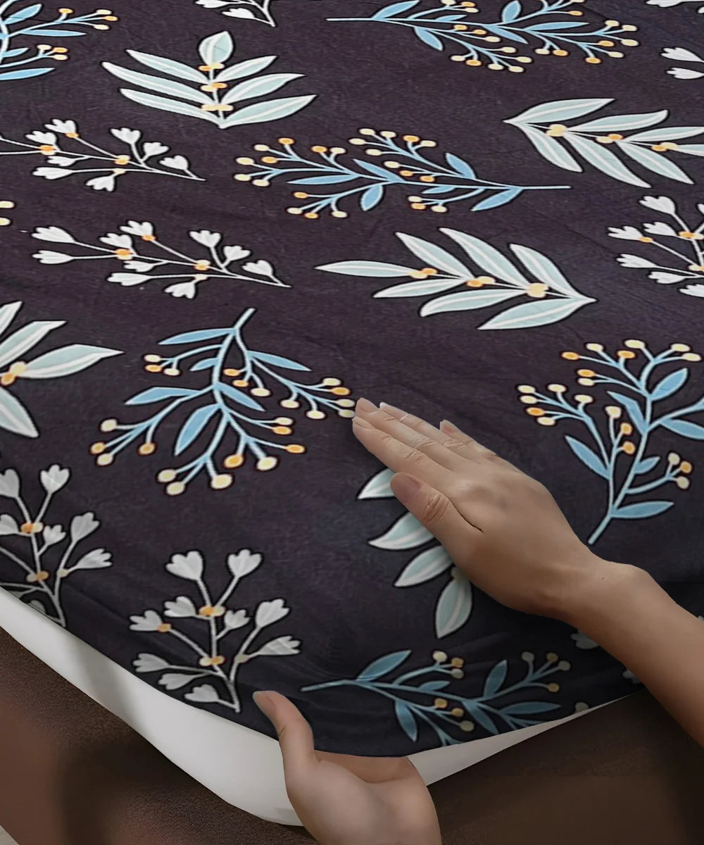 Blue Floral Super King Fitted Bedsheet With 2 Pillow Covers