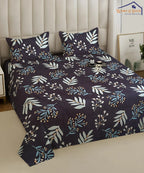 Blue Floral Super King Fitted Bedsheet With 2 Pillow Covers
