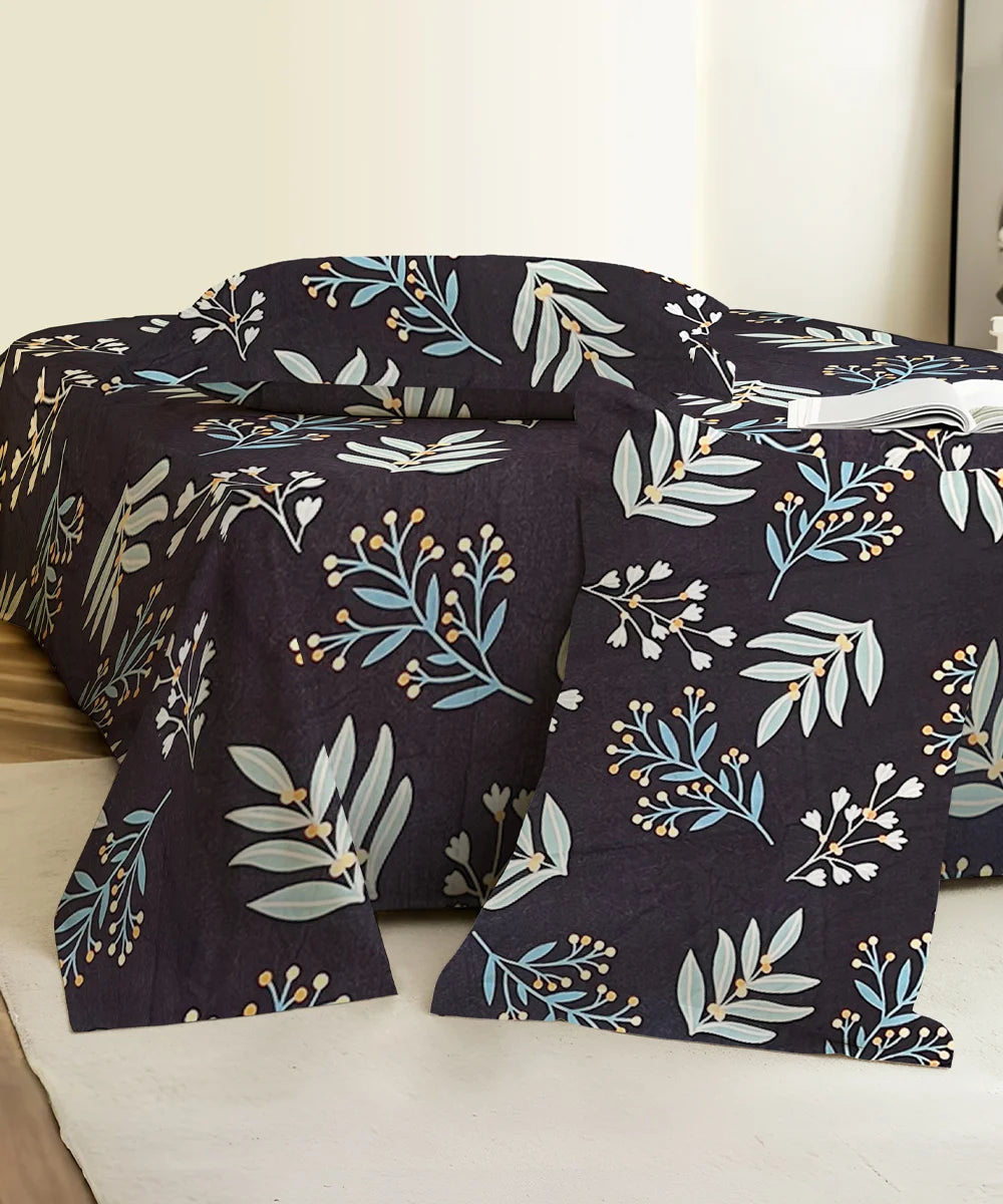 Blue Floral Super King Fitted Bedsheet With 2 Pillow Covers