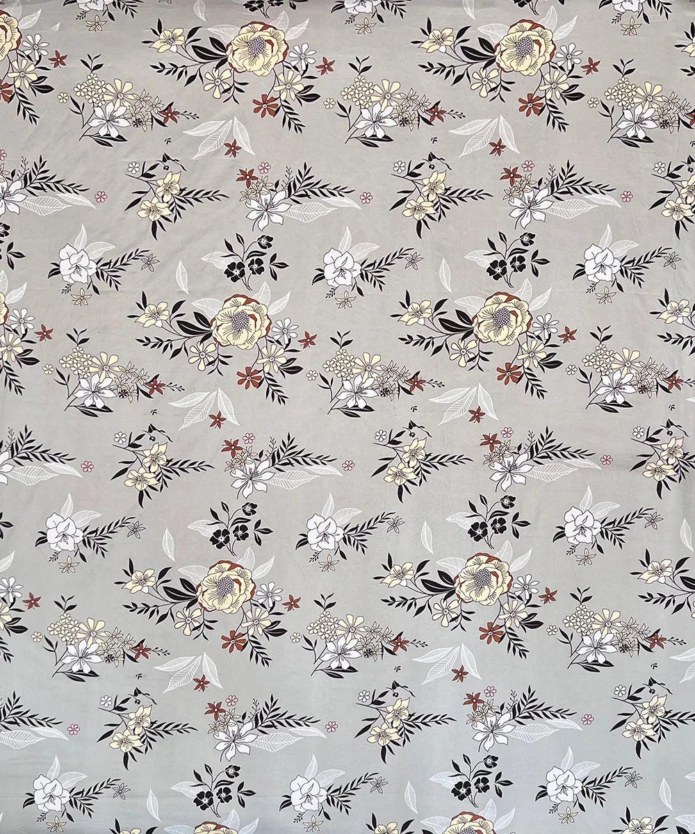 Grey Floral King Size Bedsheet With 2 Pillow Cover