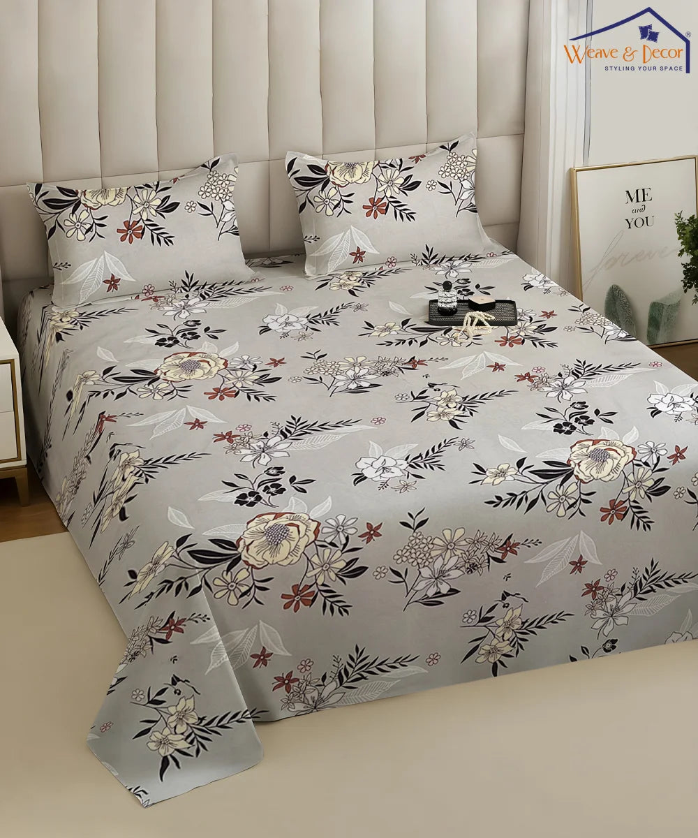 Grey Floral King Size Bedsheet With 2 Pillow Cover