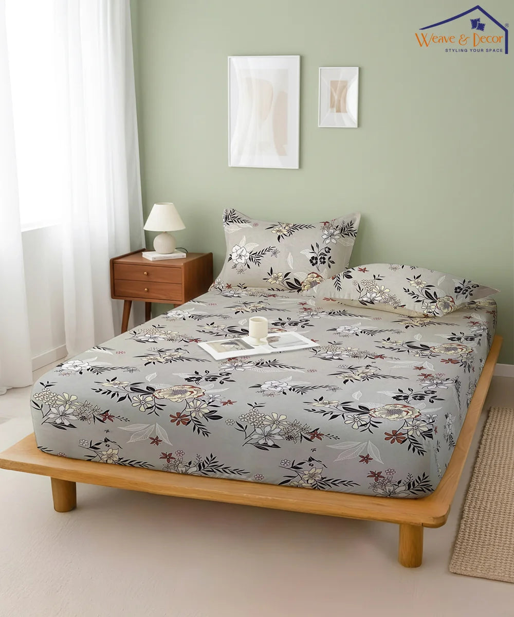 Grey Floral King Size Bedsheet With 2 Pillow Cover