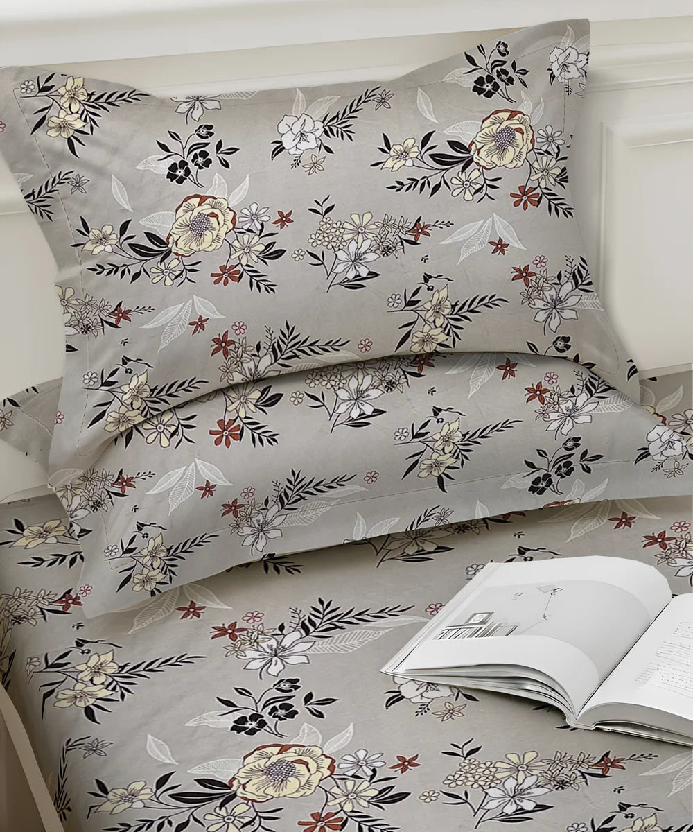 Grey Floral King Size Bedsheet With 2 Pillow Cover