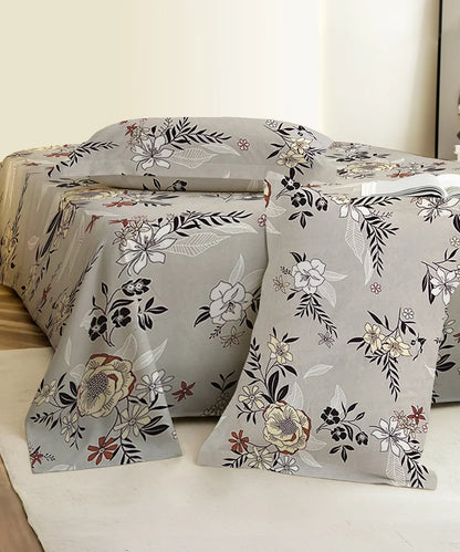 Grey Floral King Size Bedsheet With 2 Pillow Cover