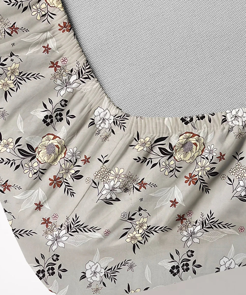 Grey Floral King Size Bedsheet With 2 Pillow Cover