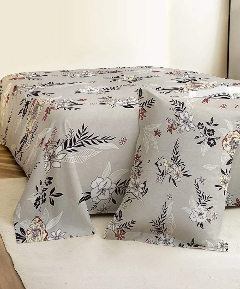 Grey Floral King Size Bedsheet With 2 Pillow Cover