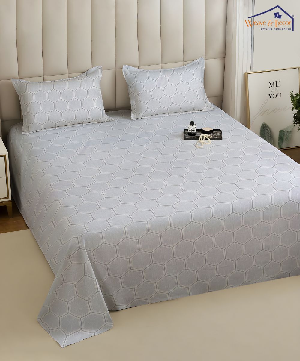 Light Grey Geometric Flat Double Bedsheet With 2 Pillow Covers
