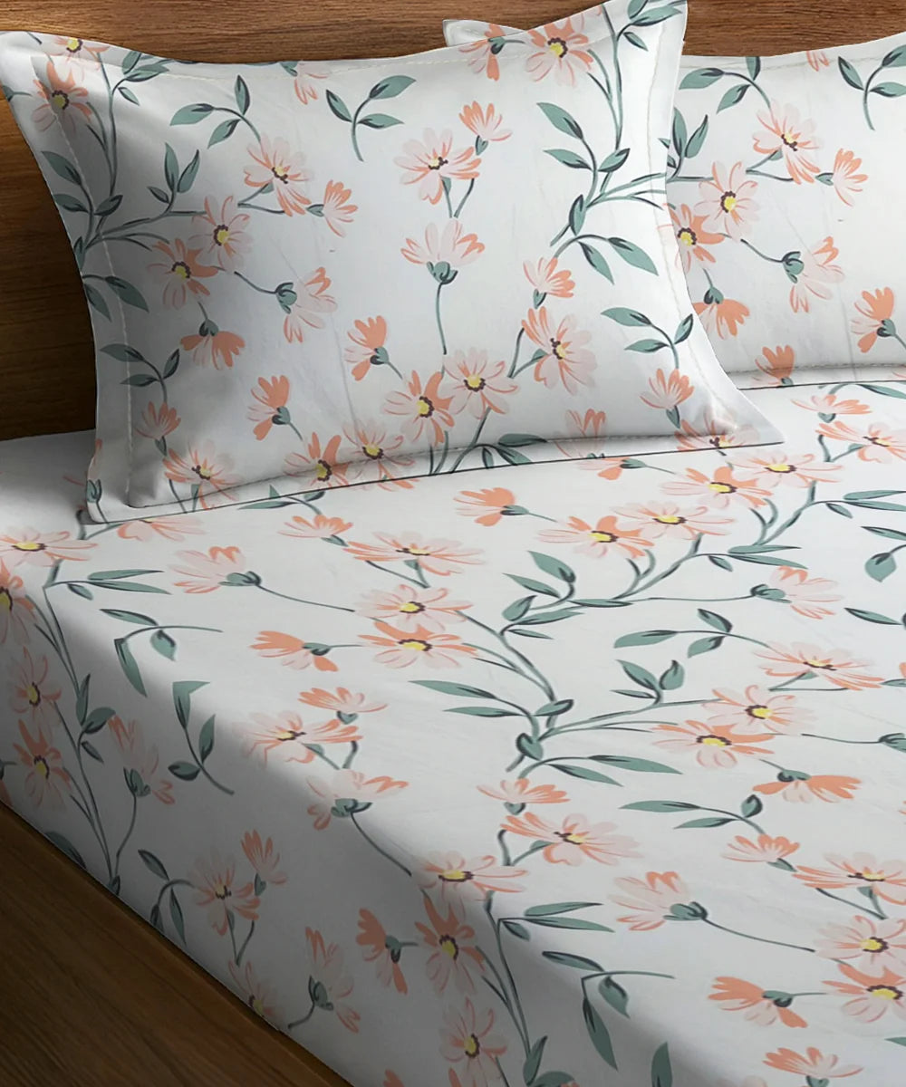 Off-White Floral Flat Double Bedsheet With 2 Pillow Covers
