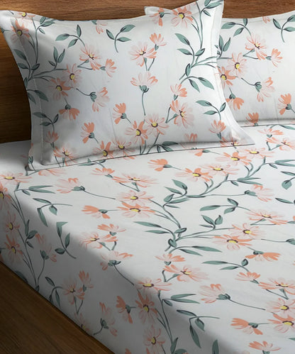 Off-White Floral Flat Double Bedsheet With 2 Pillow Covers
