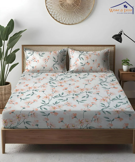 Off-White Floral Flat Double Bedsheet With 2 Pillow Covers