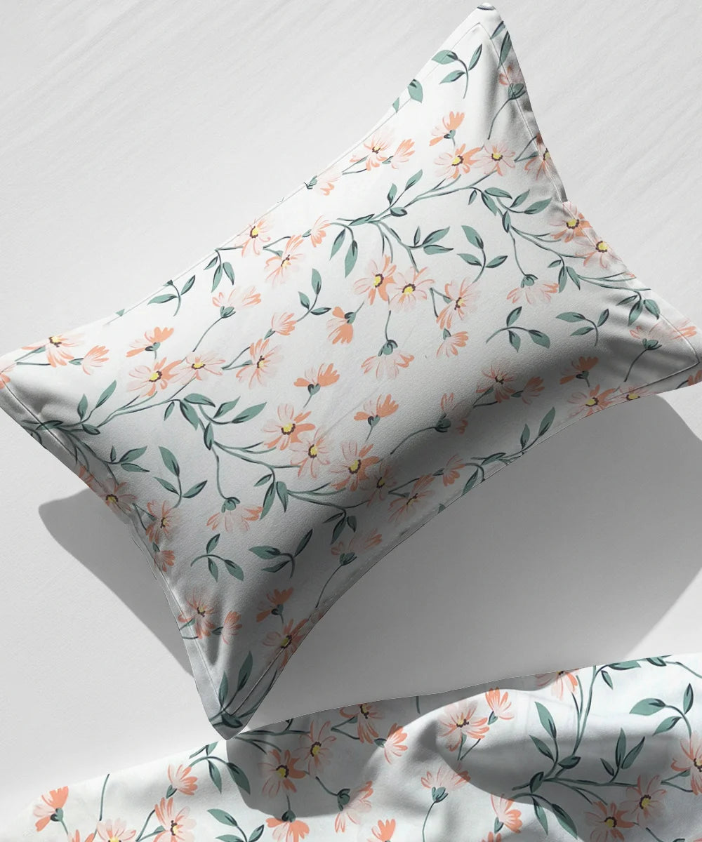 Off-White Floral Flat Double Bedsheet With 2 Pillow Covers