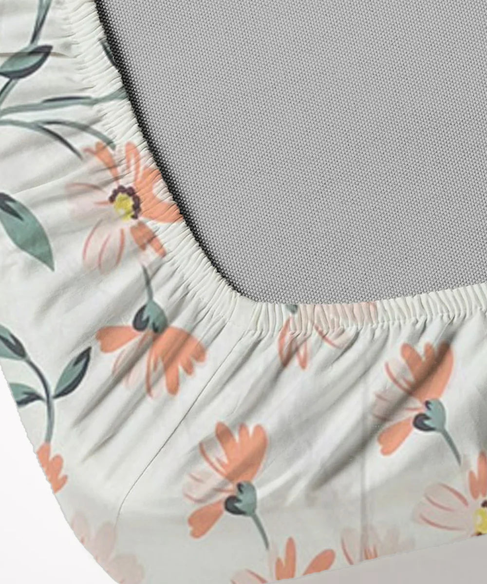 Off-White Floral Flat Double Bedsheet With 2 Pillow Covers