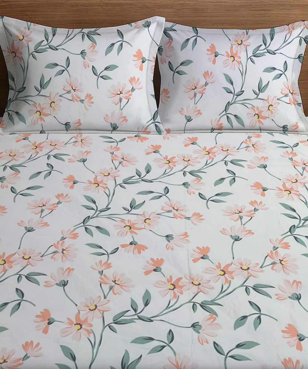 Off-White Floral Flat Double Bedsheet With 2 Pillow Covers