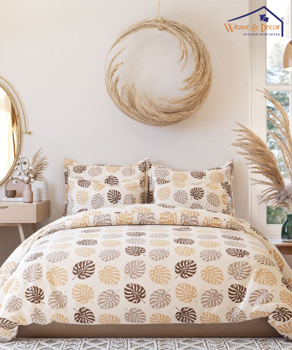Beige Leaves Single Bedsheet With 1 Pillow Cover