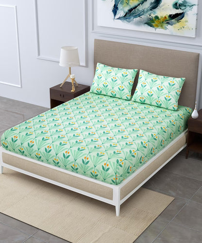 Green Floral Bedsheet With Pillow Cover