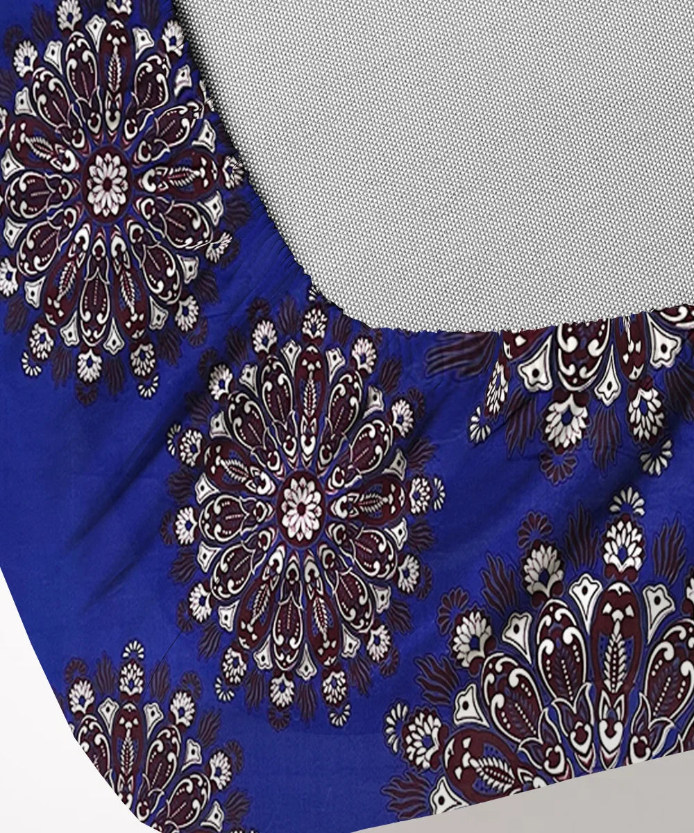 Deep Blue Floral Double Bedsheet With 2 Pillow Cover