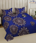 Deep Blue Floral Double Bedsheet With 2 Pillow Cover