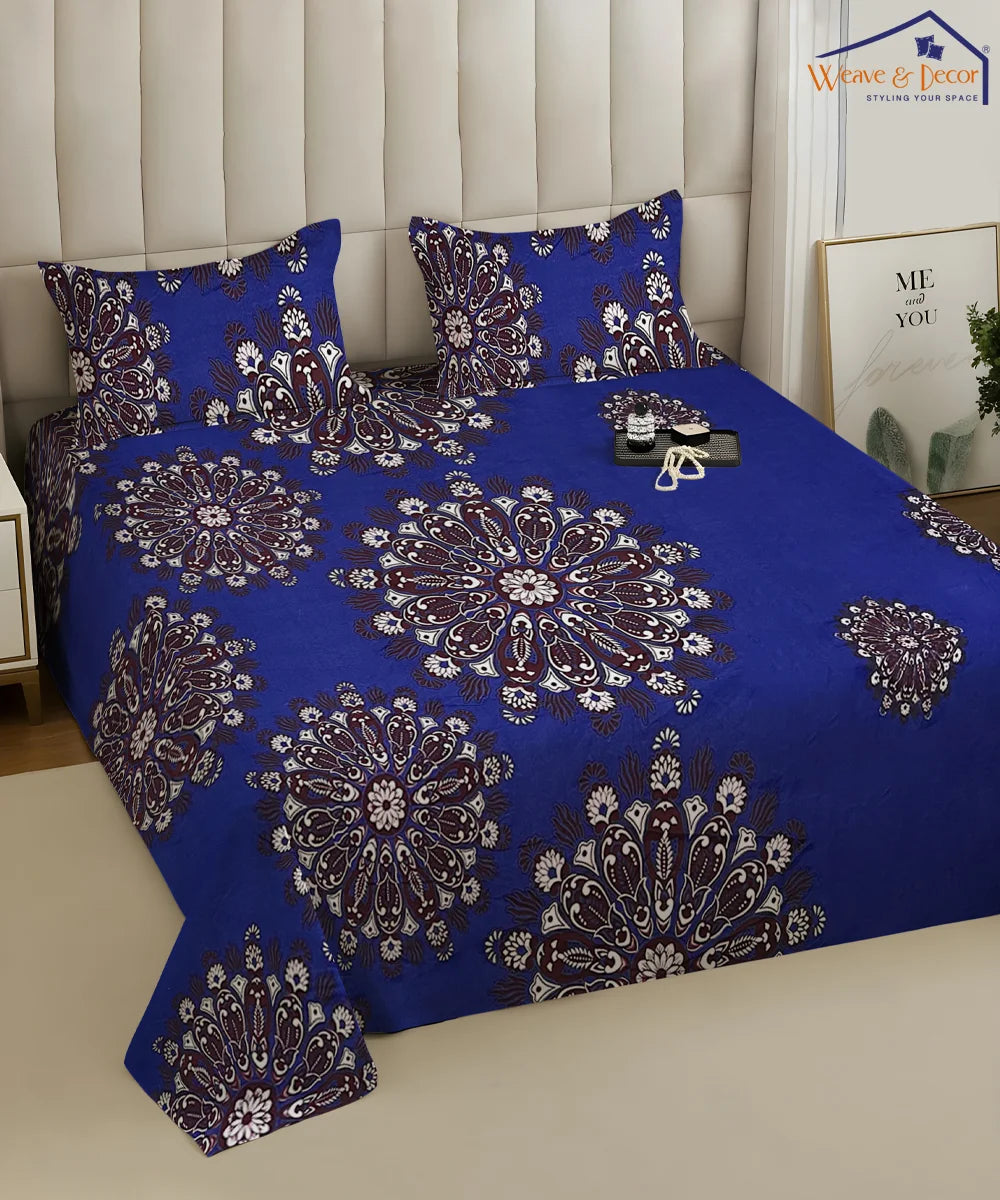 Deep Blue Floral Double Bedsheet With 2 Pillow Cover